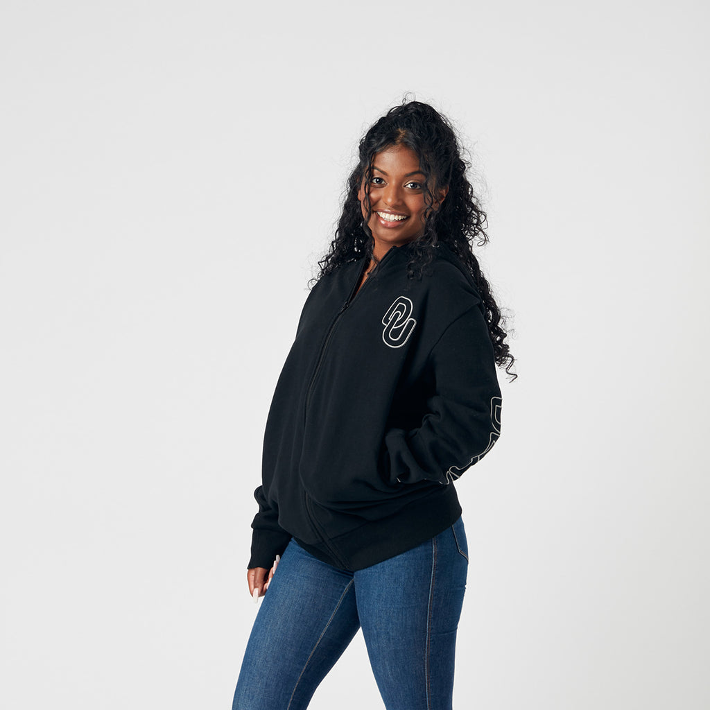 Unisex embroidered zip thru hoodie- Black